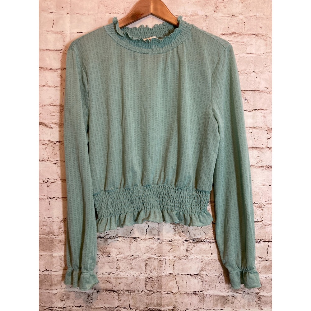 Inspired Hearts Top Womens XL Sage Green Ruffle‎ Trim Boho Hippie Bell Sleeve